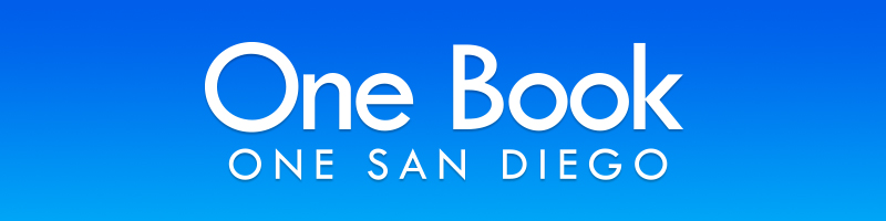 Blue hombre rectangle with One Book, One San Diego centered in white.