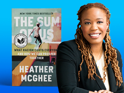 Headshot of Heather McGhee next to the book cover of  The Sum of Us.