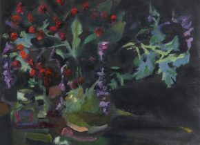 A dark still-life painting of a vase and flowers by artist Julie Bradbury-Bennett