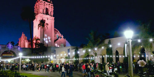 View of the Plaza de Panama walkway with the Museum of Us tower in the background