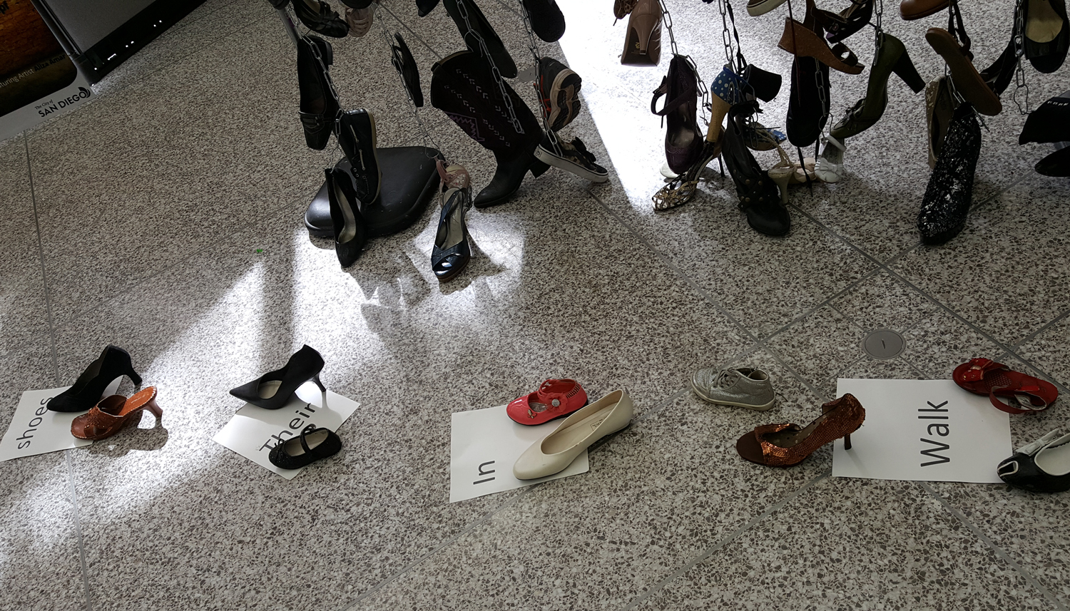Photo of Aliza Amar's Shoe Exhibit at the Out of the Shadows display at City Hall.