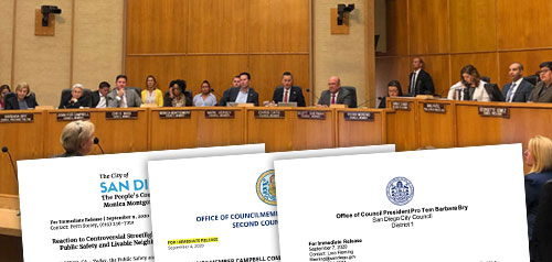 Press releases overlaying a photo of a council meeting