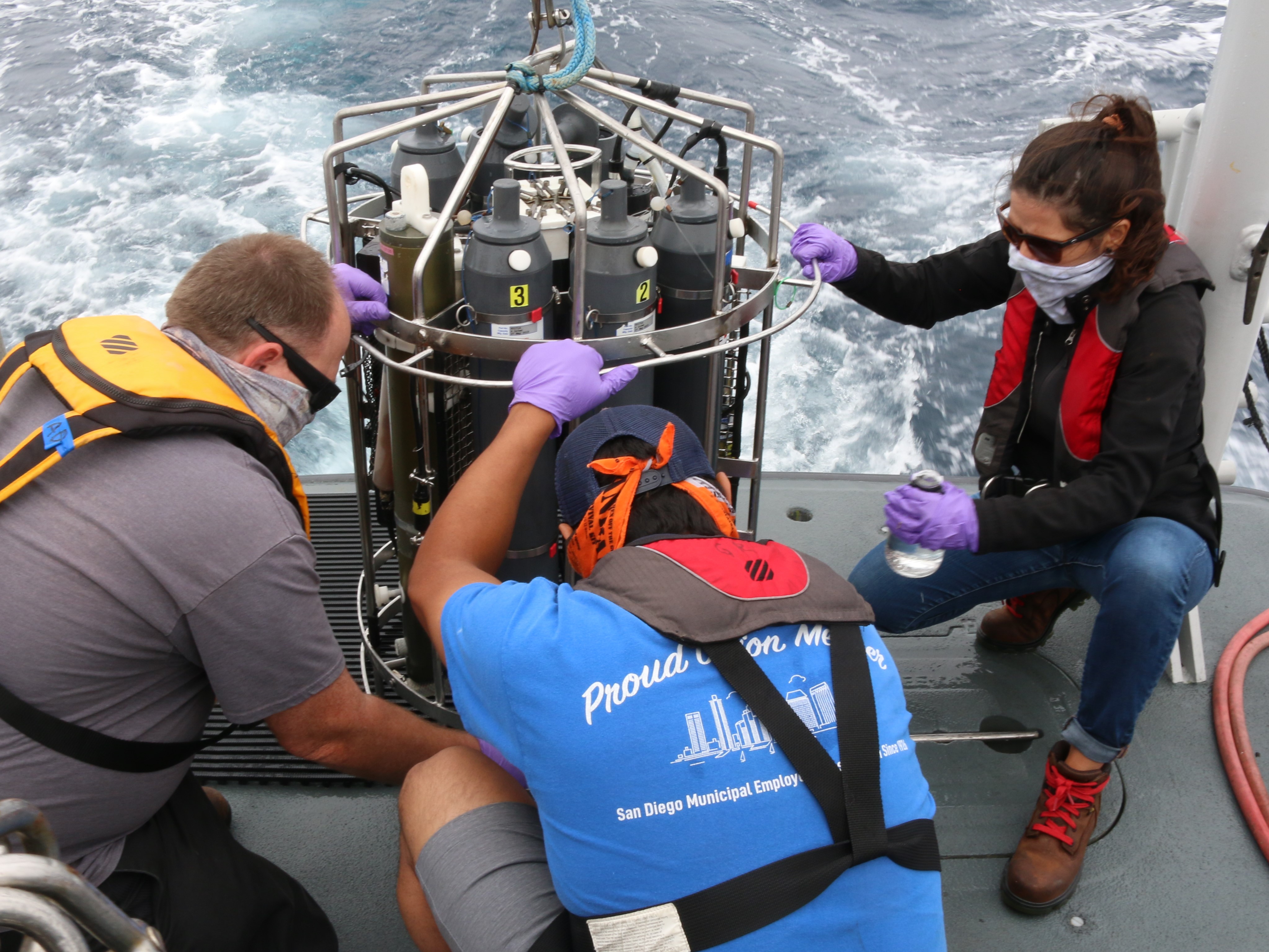 Marine biologists collect water samples for ocean acidification analyses from the conductivity temperature depth profiler, also known as a CTD.