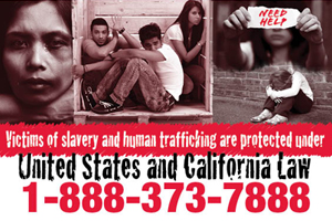 Graphic collage of Trafficking Victims, Victims of slavery and human trafficking are protected under law. United States and California Law, 1-888-373-7888