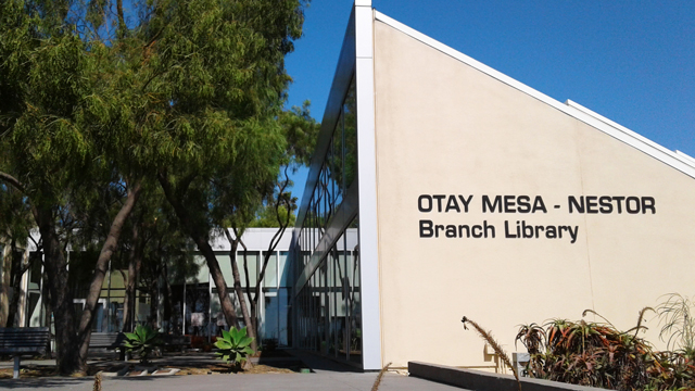 Otay Mesa-Nestor Library signage located adjacent to the patio