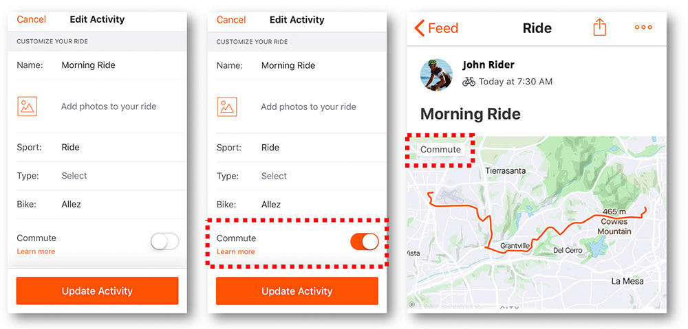 Instruction on how to record commute activity on Strava