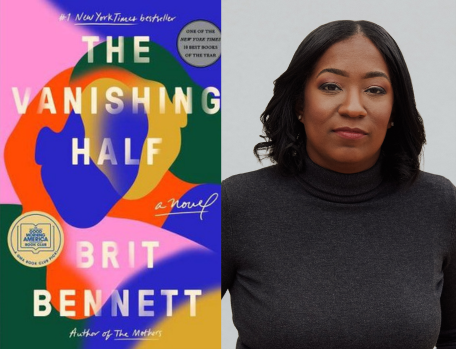 : Book cover on the left, two abstract figures of women swirl together in orange, blue, pink, yellow and green with white text saying The Vanishing Half on top and Brit Bennett on bottom. On the right is a picture of author Brit Bennett.