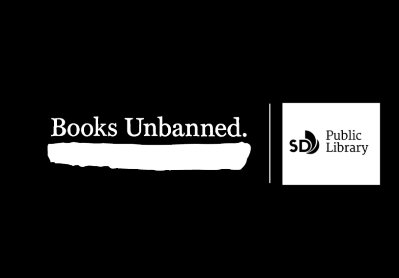 All black digital library card with the words "Books Unbanned" in white text underlined by white marker and SD Public Library logo in black text over white square background.