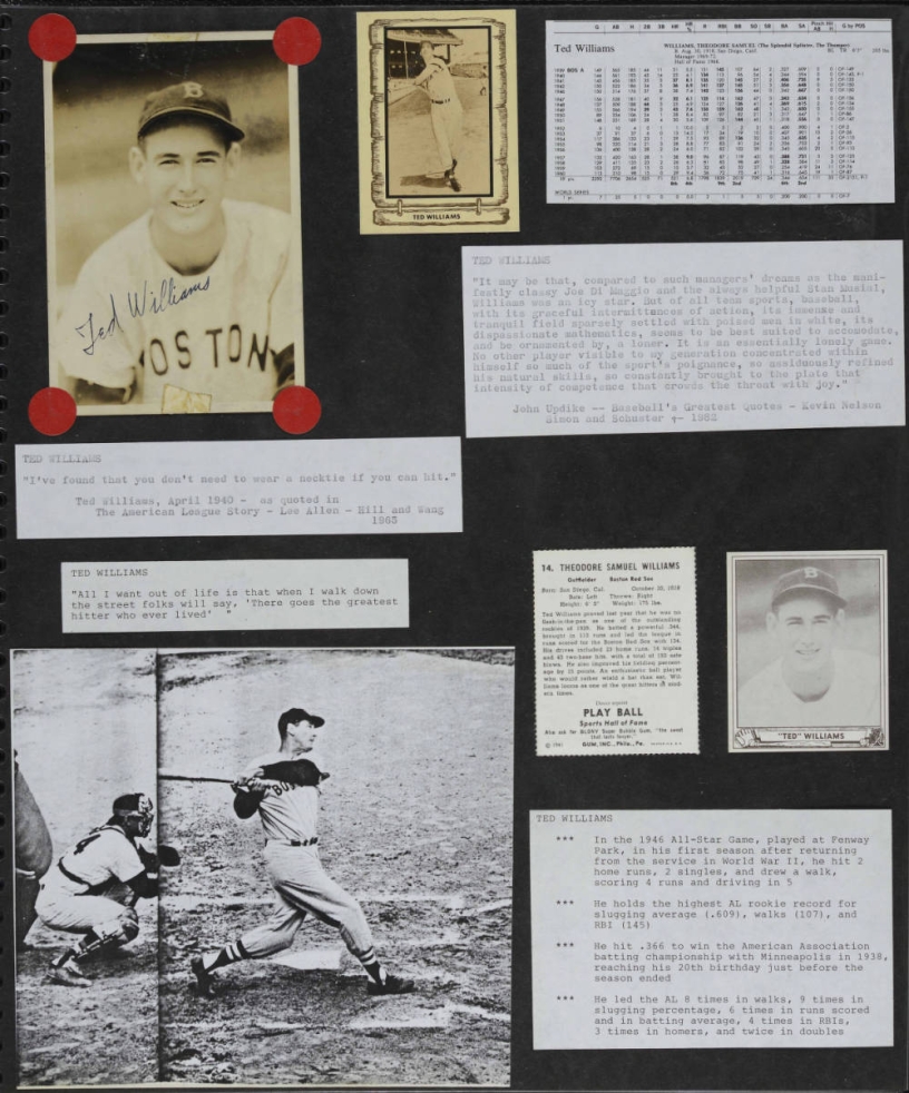Scrap book with Ted Williams photos, scores and biography