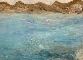 Painting of water with mountains in the background. Artist Rose Mizrahi.