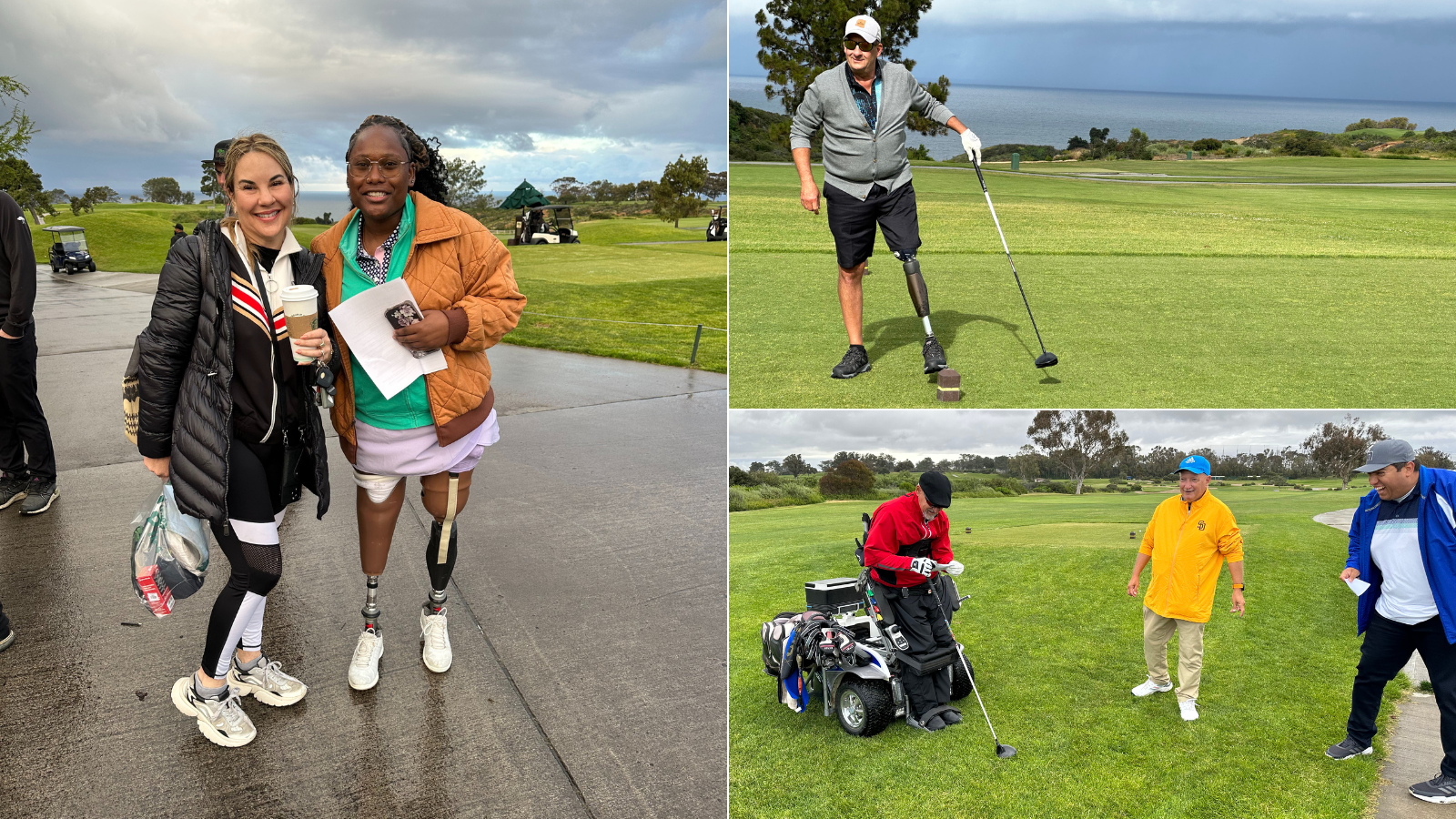 collage of images at a golf course during the inaugural Torrey Pines Adaptive Golf Championship. Image 1: two people posing for a picture next to a gold course. Image 2: a man getting ready to hit a golf ball. Image 3: three people enjoying a game of golf