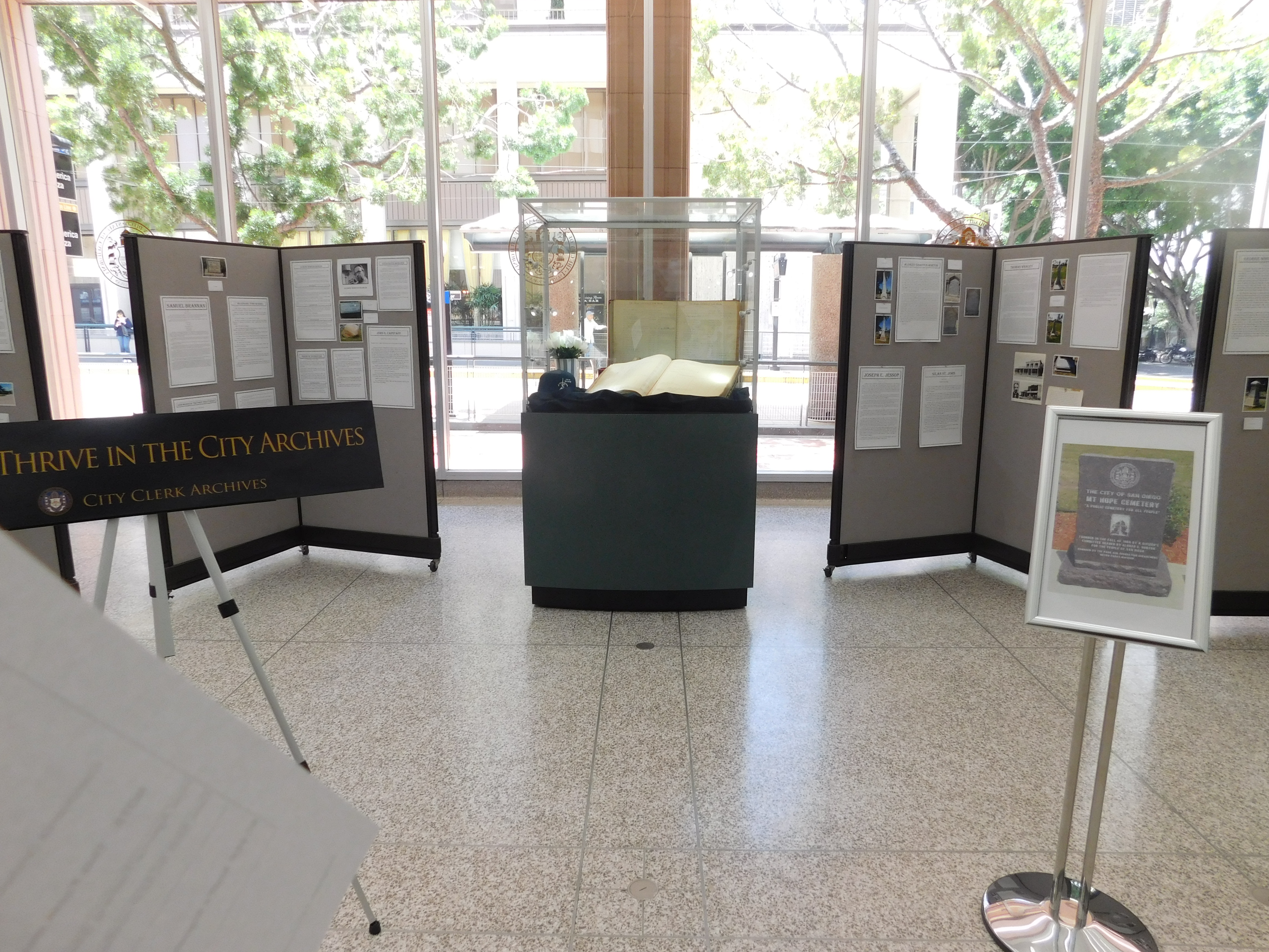 The completed display in  the City Administration Building featuring the historical cemetery Mount Hope