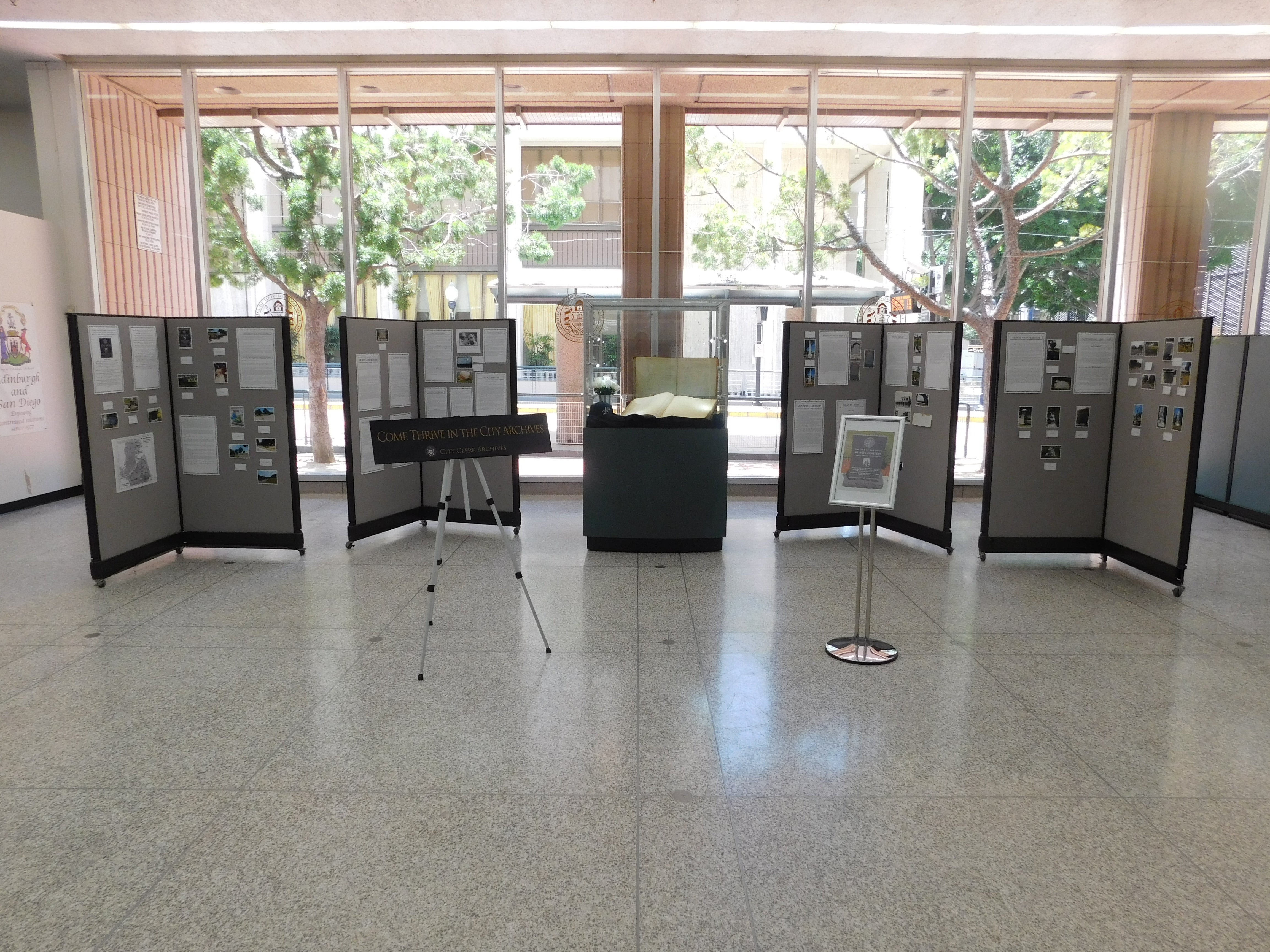 The completed display in  the City Administration Building featuring the historical cemetery Mount Hope