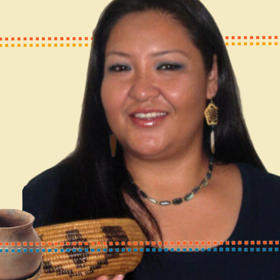 Kumeyaay leader and Sycuan Cultural Center Coordinator, Ana “Martha” Gloria Rodriguez, smiles towards the viewer. She holds a woven basket. Rows of orange, yellow, and blue square dots serve as a border on the top and bottom of the image.