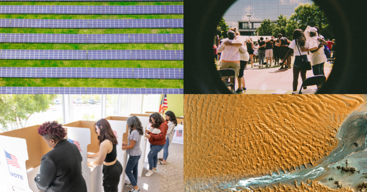 collage of four images representing public health, civic engagement, climate mitigation and social justice.