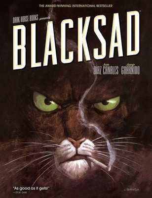 Black cover with a headshot of a scowling cat with green eyes