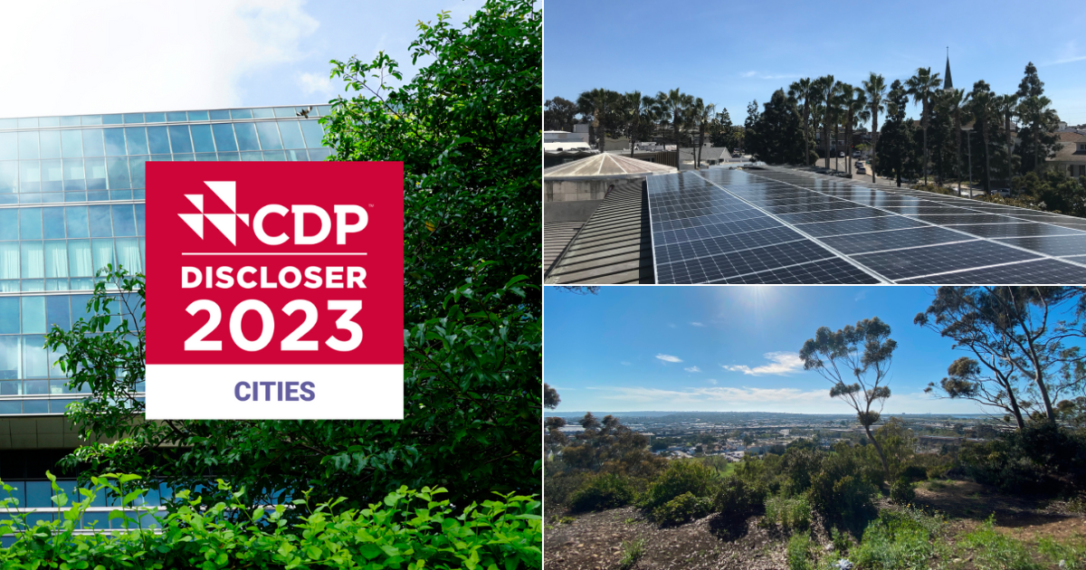 CDP Discloser 2023 cities, with a collage of images that show solar panels and lookout of San diego