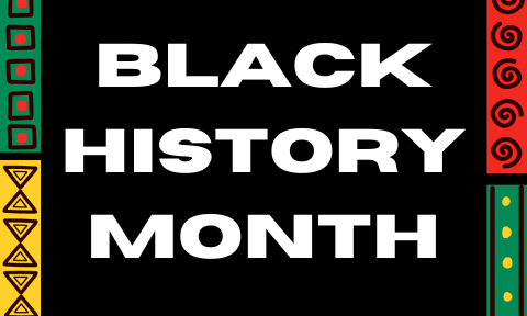 Decorative borders in black, red, yellow and green frame the words ”Black History Month.”