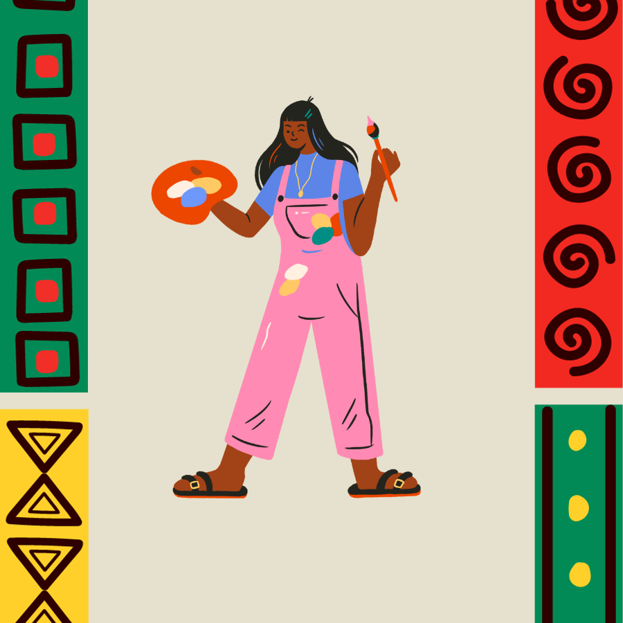 A brown woman wears pink coveralls splotched with paint and she holds a red pallet filled with paint in one hand and a paintbrush in her other hand.