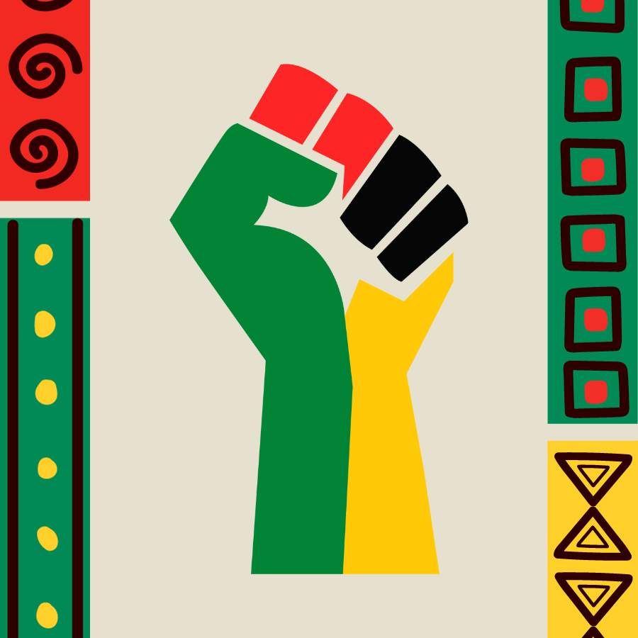 In the center is a raised fist that represents solidarity. The fist is colored green, yellow, black, and red, in honor of Black History Month.