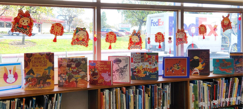 San Diego Public Library celebrates Lunar New Year by creating colorful book displays.