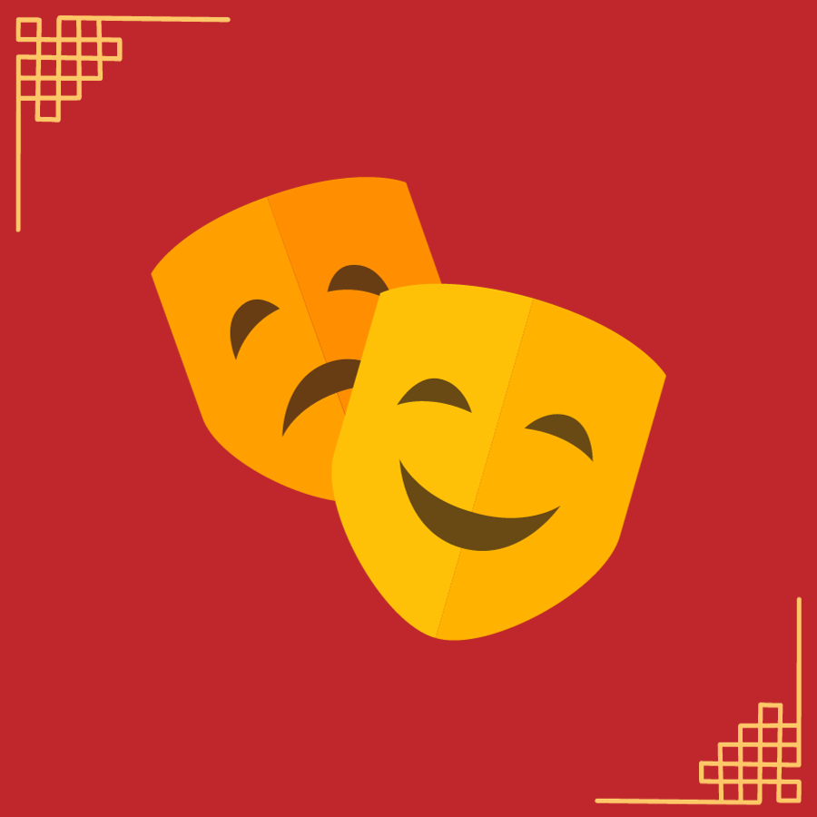 In recognition of the group “Asian Story Theater,” Gold comedy and tragedy theater masks are centered over a red background with gold decorative corners.