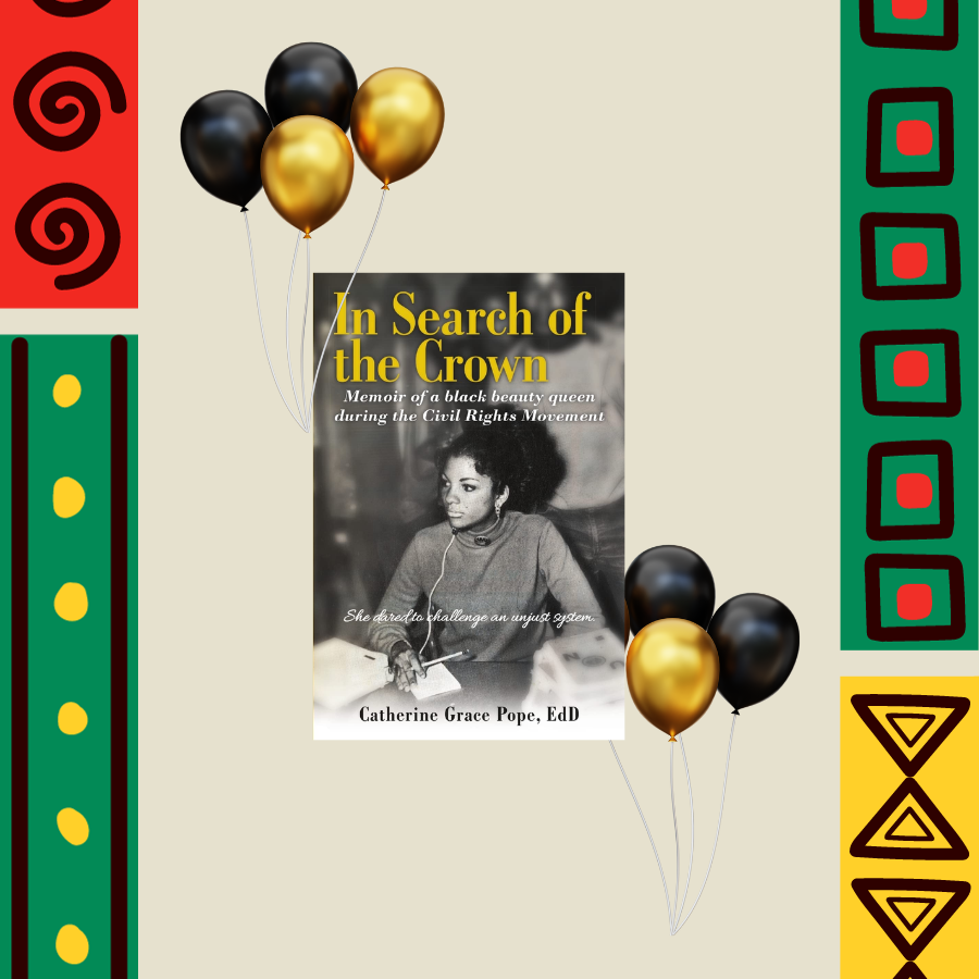 A book called In Search of the Crown by Dr. Catherine Grace Pop is centered and decorated by black and gold balloons.
