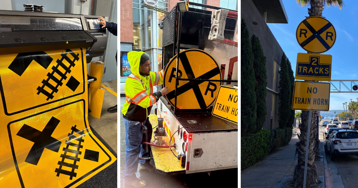 Three image collage: street signs being printed, staff fixing the signs, and final signs being posted. 