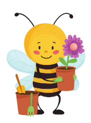 Illustrated bee holding a flower pot