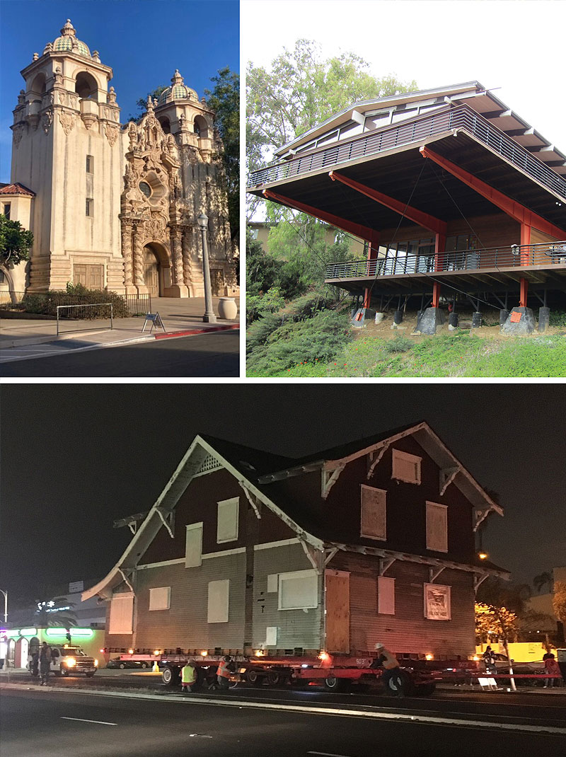 Collage of a Balboa Park museum, a house on metal girders, and a house being transported on a flatbed trailer