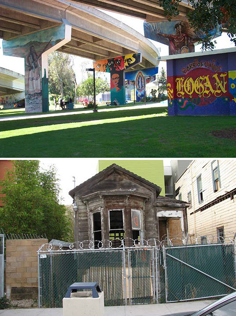 Collage of Chicano Park and a house under preservation