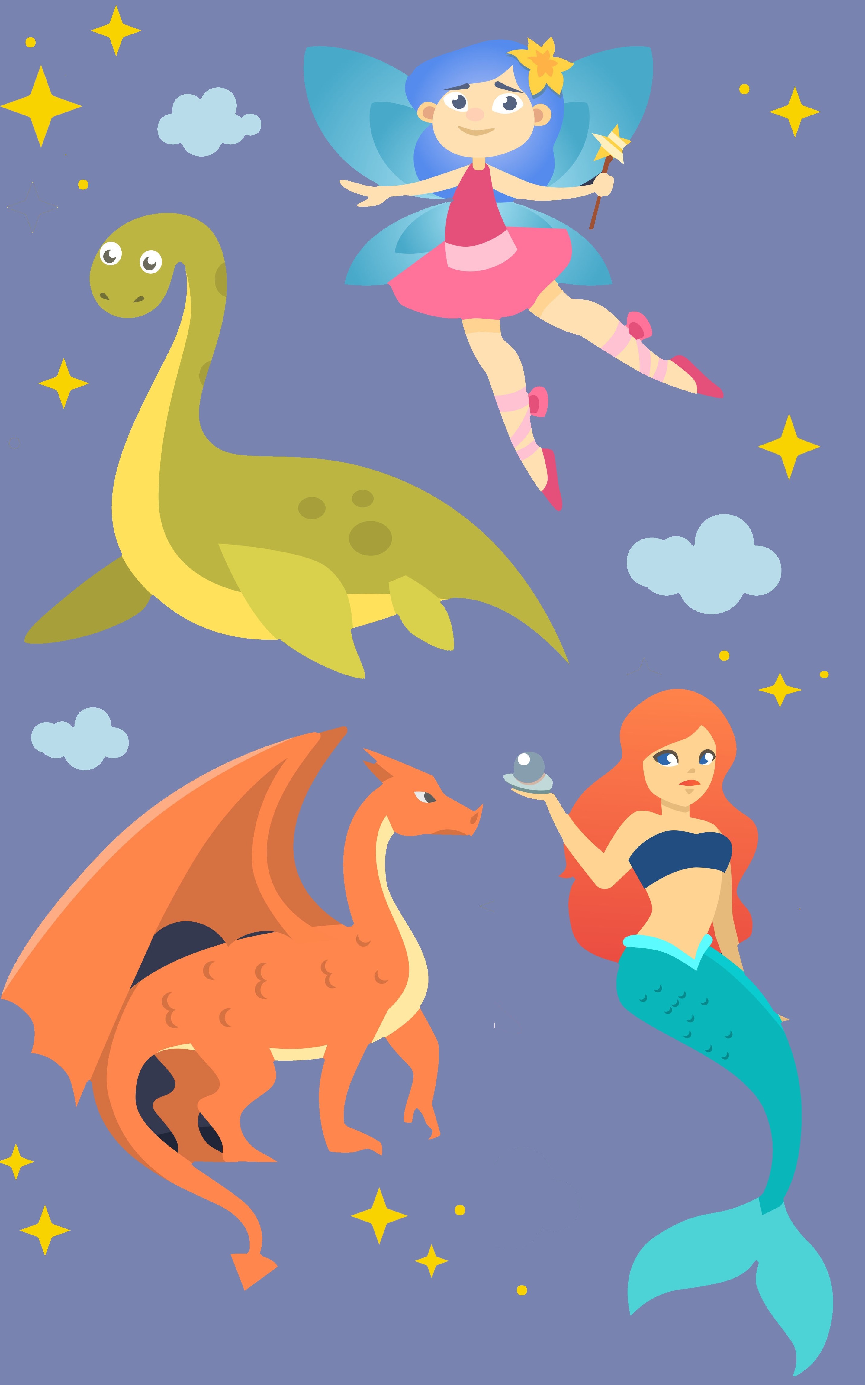 Illustrations of dragon, Loch ness monster, mermaid, and fairy.