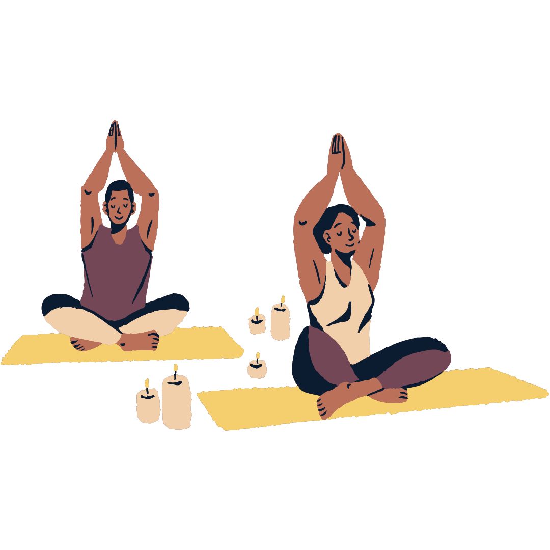 Two people in cream and purple exercise clothes sit on yoga mats surrounded by candles and reach above their heads