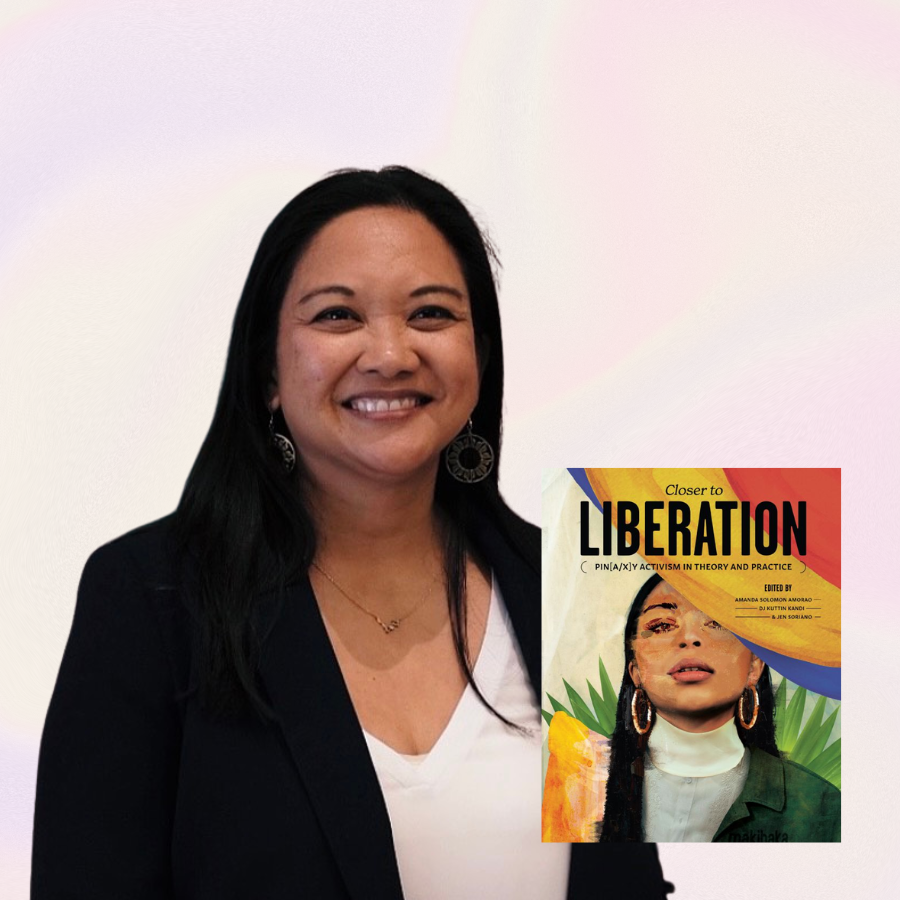 A smiling Filipino American woman named Dr. Amanda Solomon Amorao faces the viewer. Her book, Closer to Liberation, is placed in the righthand corner.