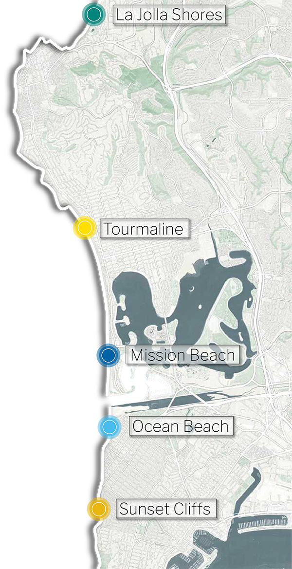 Map highlighting Sunset Cliffs, Ocean Beach, Mission Beach, Tourmaline, and La Jolla Shores locations