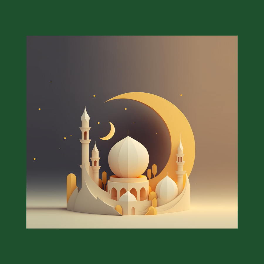 A 3D illustration of a Mosque with golden crescent moons and stars. The scene depicts the structure centered in the middle of a sandy desert in the evening.