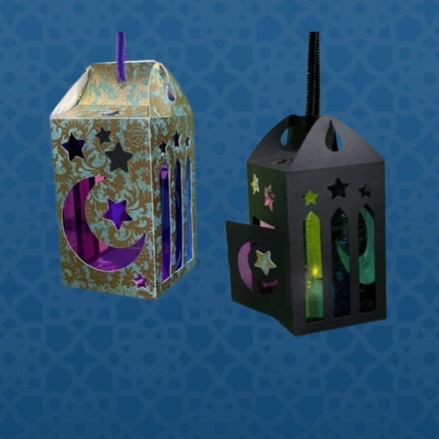 Two paper lantern crafts hang as examples of what will be made during the SWANA Celebration Lantern craft.