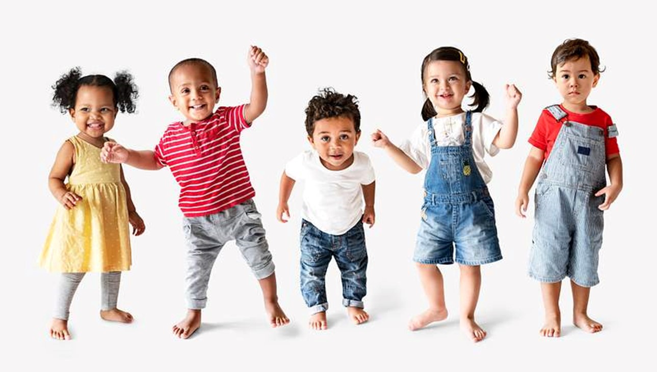 A picture in front of a white background with 5 toddlers dancing.