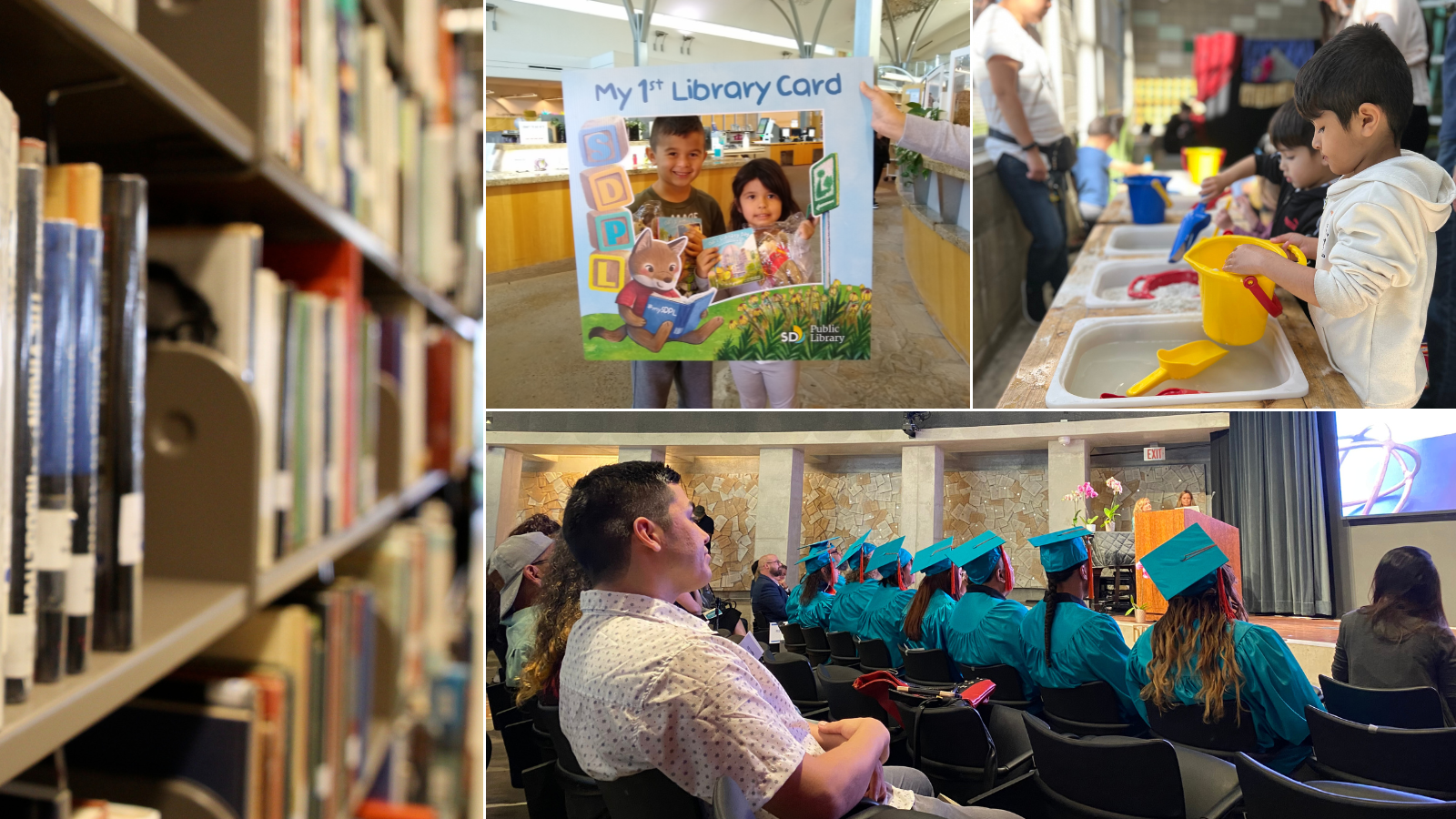 a collage of san diego library services: adult high school graduation, row of books, kids getting their first library card and children playing during a library program activity.