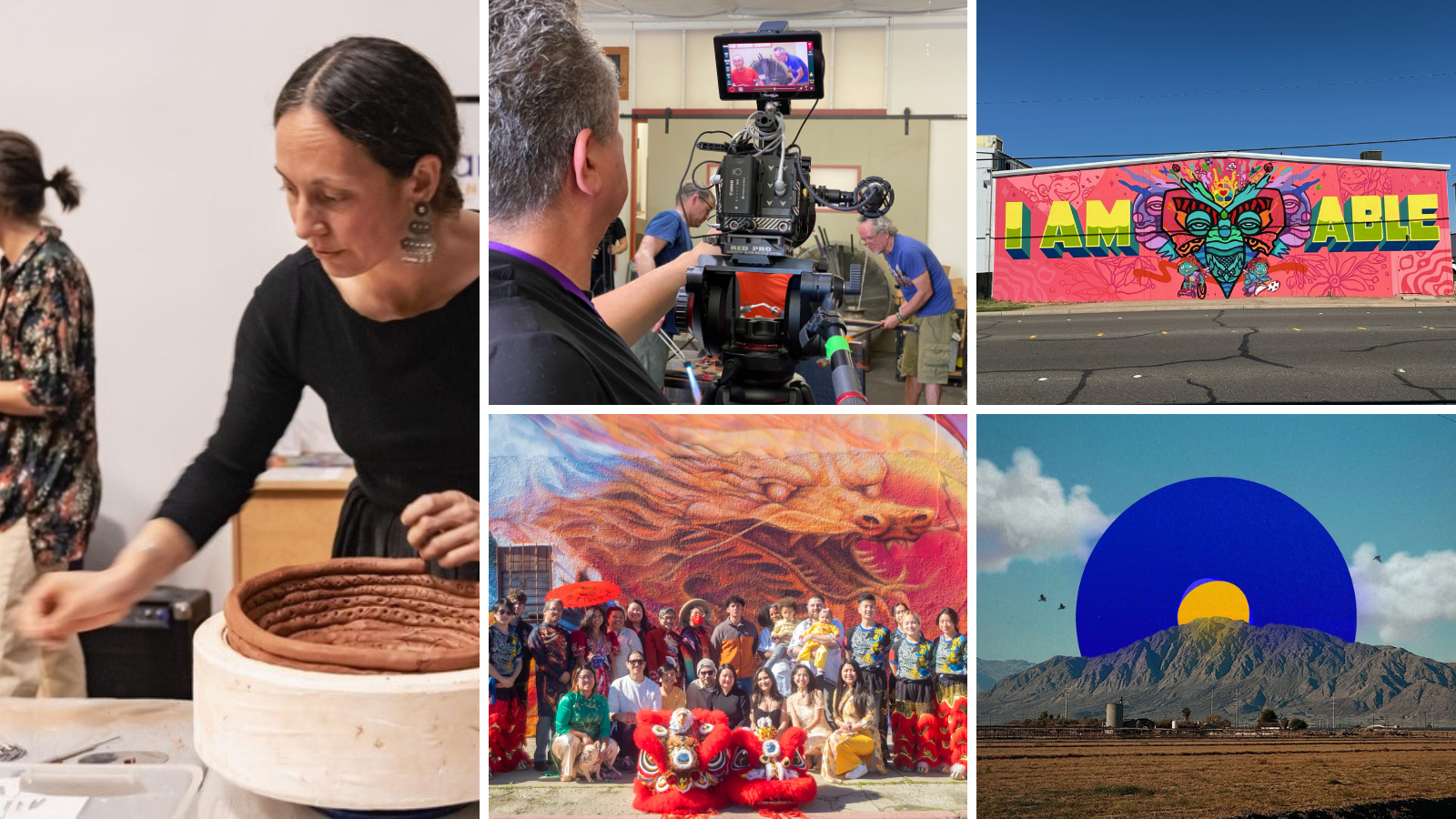 collage of images: person working on clay, person behind a camera filming, mountain with a circle behind it, group of people posing in front of a dragon mural, a mural that says i am able