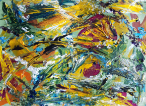 An abstract and colorful painting by artist Buddy Cushman
