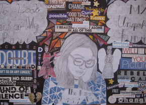 Image of a collage of words and drawings by artists from Write Out Loud