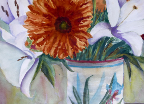 Close up of a painting of flowers in a vase by an artist in the Point Loma Artists Association