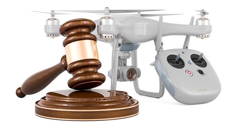 A collage of a drone, a drone controller, and a judge's gavel