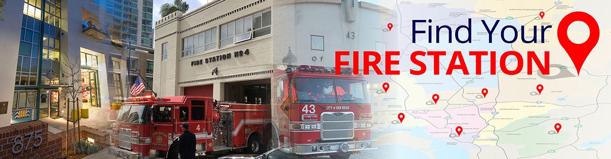 Collage of a fire station and a screenshot of a map of San Diego