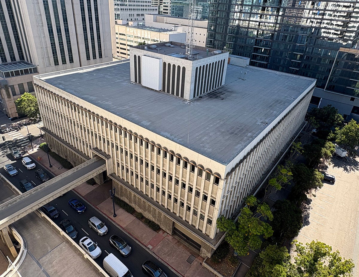 Aerial view of City Operations Building in downtown San Diego