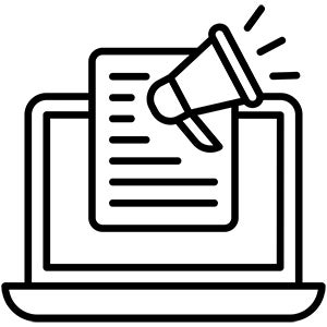 Illustration of a bullhorn, a file, and a laptop