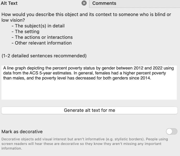 A pop-up interface in Microsoft Word that allows the user to enter the alt text for an image