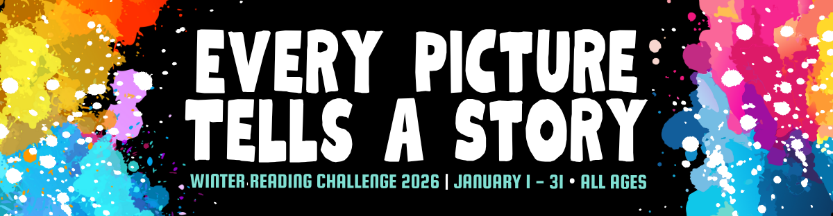 image of Every Picture Tells a Story banner with splashes of pink, blue, red, pink, and blue paint on a black background. 