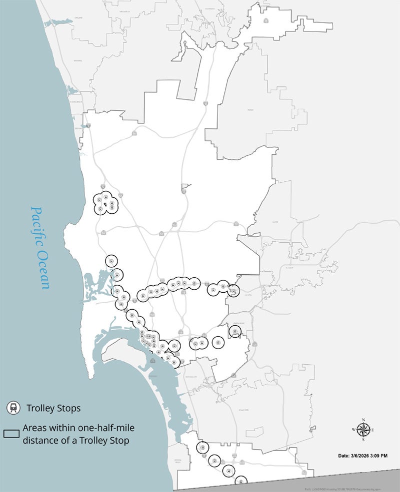 Map showing areas within half a mile of a trolley stop